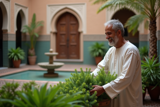 Homme marocain en djellaba dans un riad avec plantes vertes