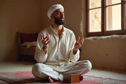 Homme musulman en prière les mains levées récitant la doua du voyage assis sur un tapis de prière