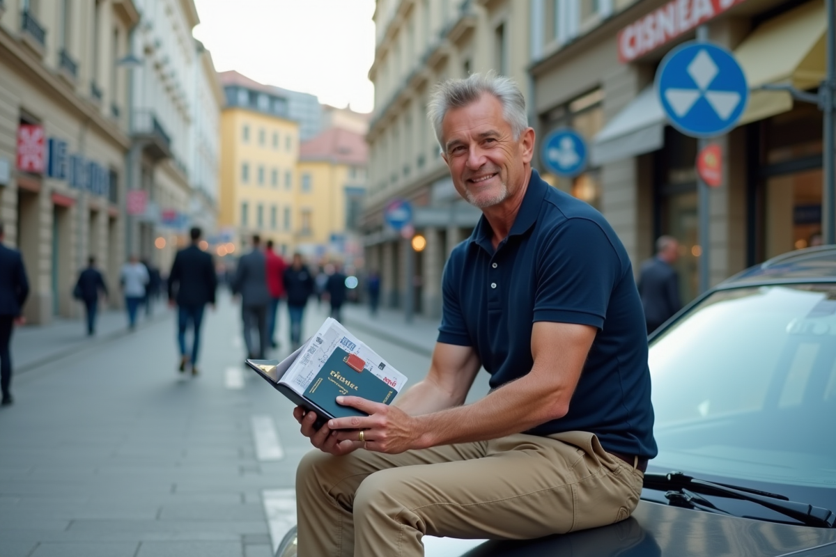 Homme assis sur la voiture avec permis de conduire international