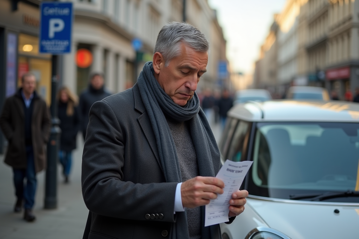 Homme vérifiant un ticket de stationnement dans la rue