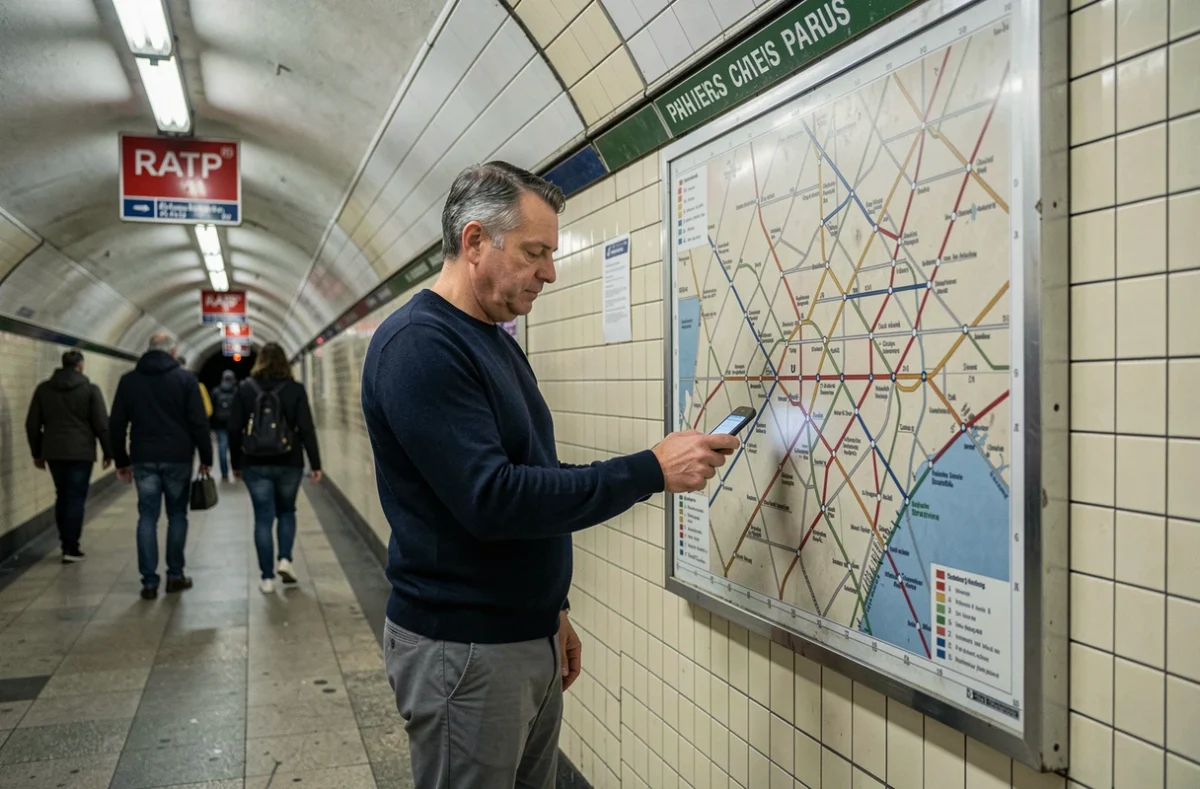 Homme consultant le plan du métro parisien sur son téléphone dans une station RATP, optimisation de trajet