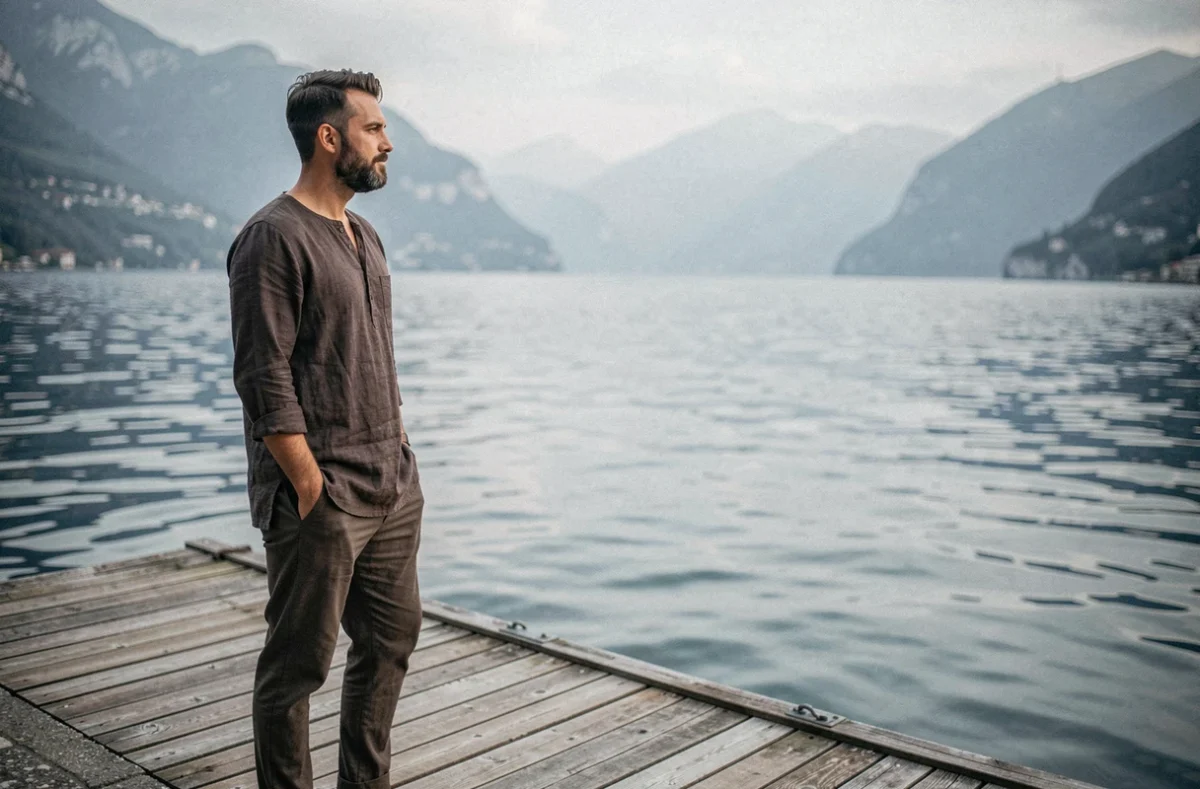 Homme en tunique de lin sombre debout sur le ponton de la Villa del Balbianello contemplant le lac de Côme, atmosphère épique évoquant l'univers de Star Wars