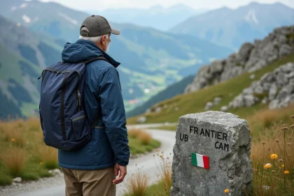 Homme age en randonnee devant un panneau de fronti&egrave;re