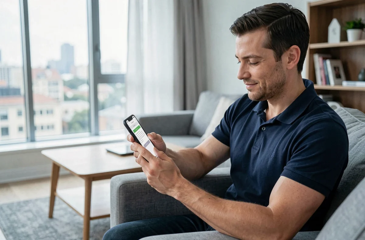 Homme consultant une confirmation de réservation de location saisonnière sécurisée sur son smartphone dans un appartement moderne