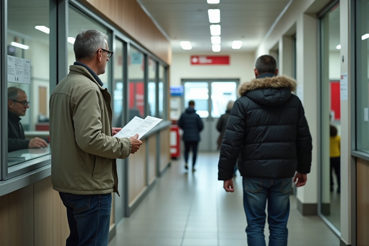 Homme au guichet de la poste avec documents en main