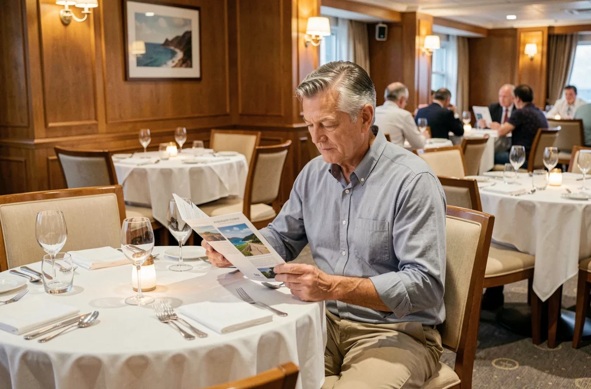Homme voyageant seul assis à une table de restaurant de croisière en train de consulter un programme d'excursions