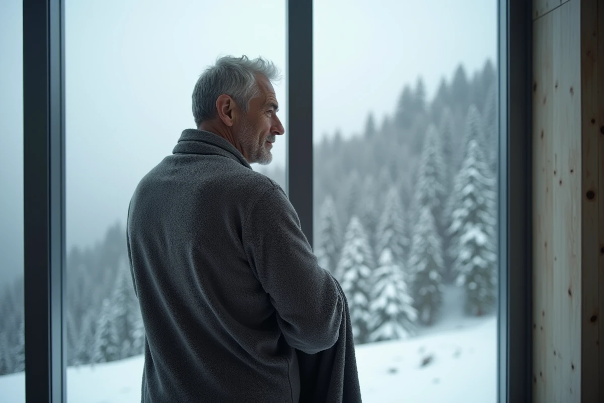Homme contemplant la vue alpine depuis un spa intérieur