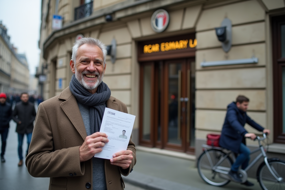 Homme souriant devant l ambassade belge avec ses documents visa