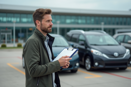 Homme en voyageur regardant deux voitures de location à l'aéroport