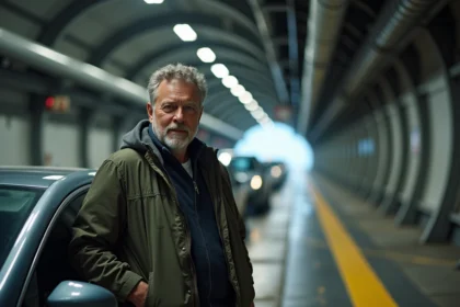 Homme en voyage dans le tunnel sous la Manche avec sa voiture