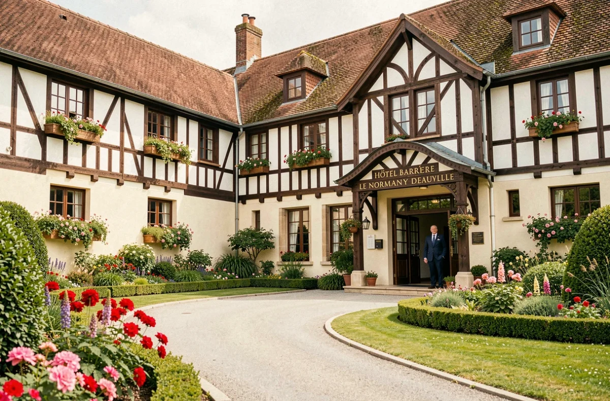 Façade Tudor emblématique de l'Hôtel Barrière Le Normandy Deauville avec jardins fleuris