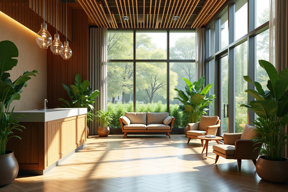 Lobby d'hôtel écologique avec plantes et lumière naturelle