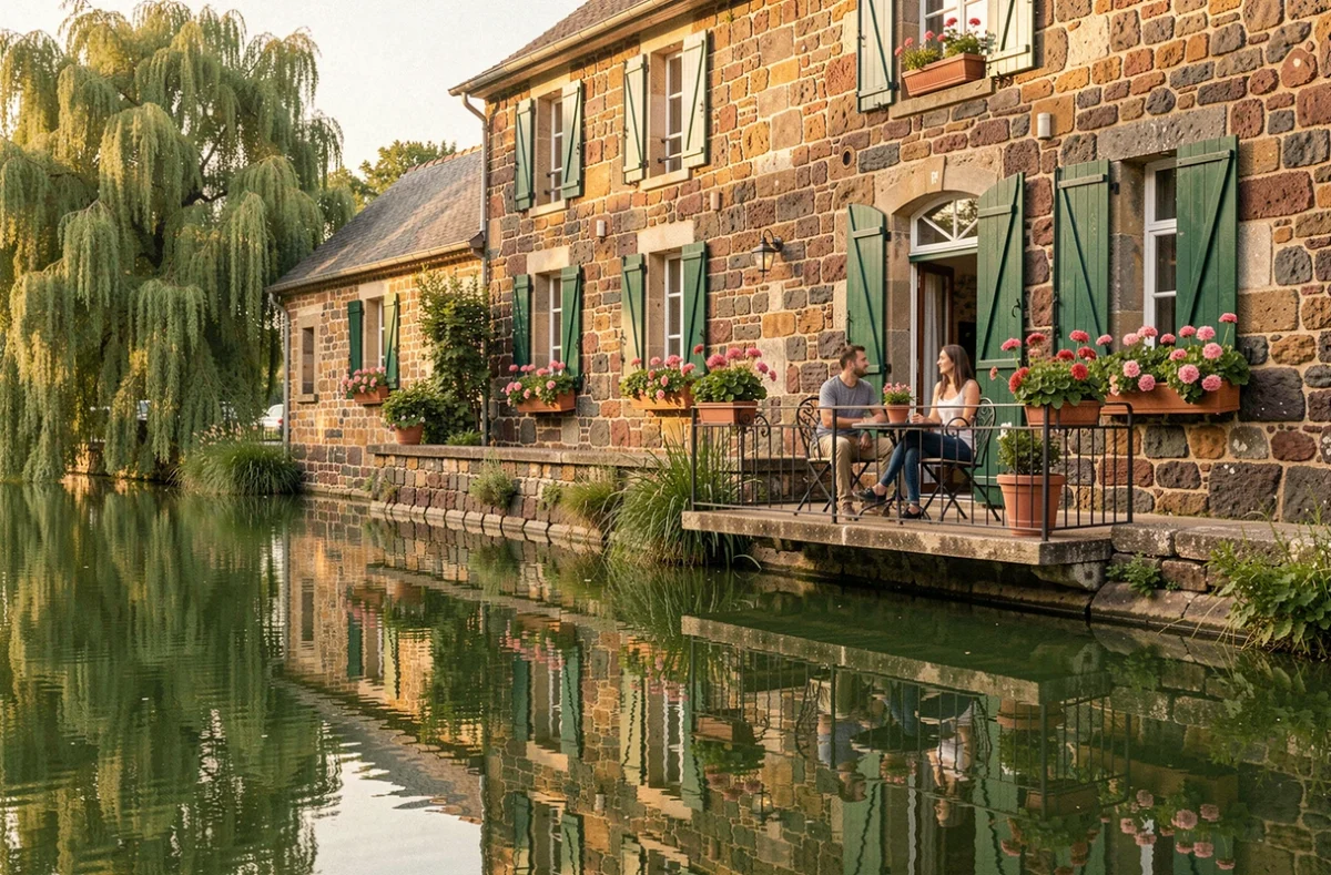 Couple attablé en terrasse sur l'eau devant l'Hôtel de l'Ile d'Amour en Auvergne avec pierres volcaniques et géraniums roses
