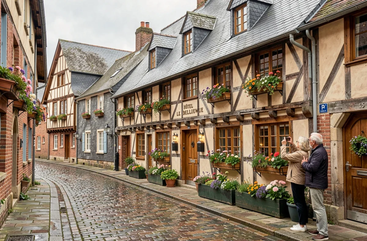 Façade normande en colombage de l'Hôtel Le Bellevue dans le vieux port de Honfleur