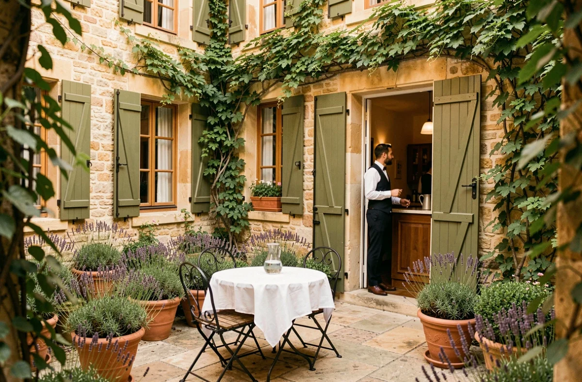 Cour intérieure romantique et façade en pierre de l'Hôtel Le Romantica en Normandie