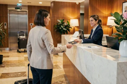 Voyageuse à la réception d'un hôtel moderne près de l'aéroport Mohammed V de Casablanca lors d'une escale