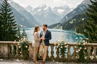 Vue panoramique d'un hôtel romantique en Auvergne-Rhône-Alpes avec lac de montagne et couple sur une terrasse en pierre