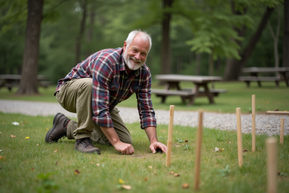 Homme en plein air plantant des piquets dans un camping naturel