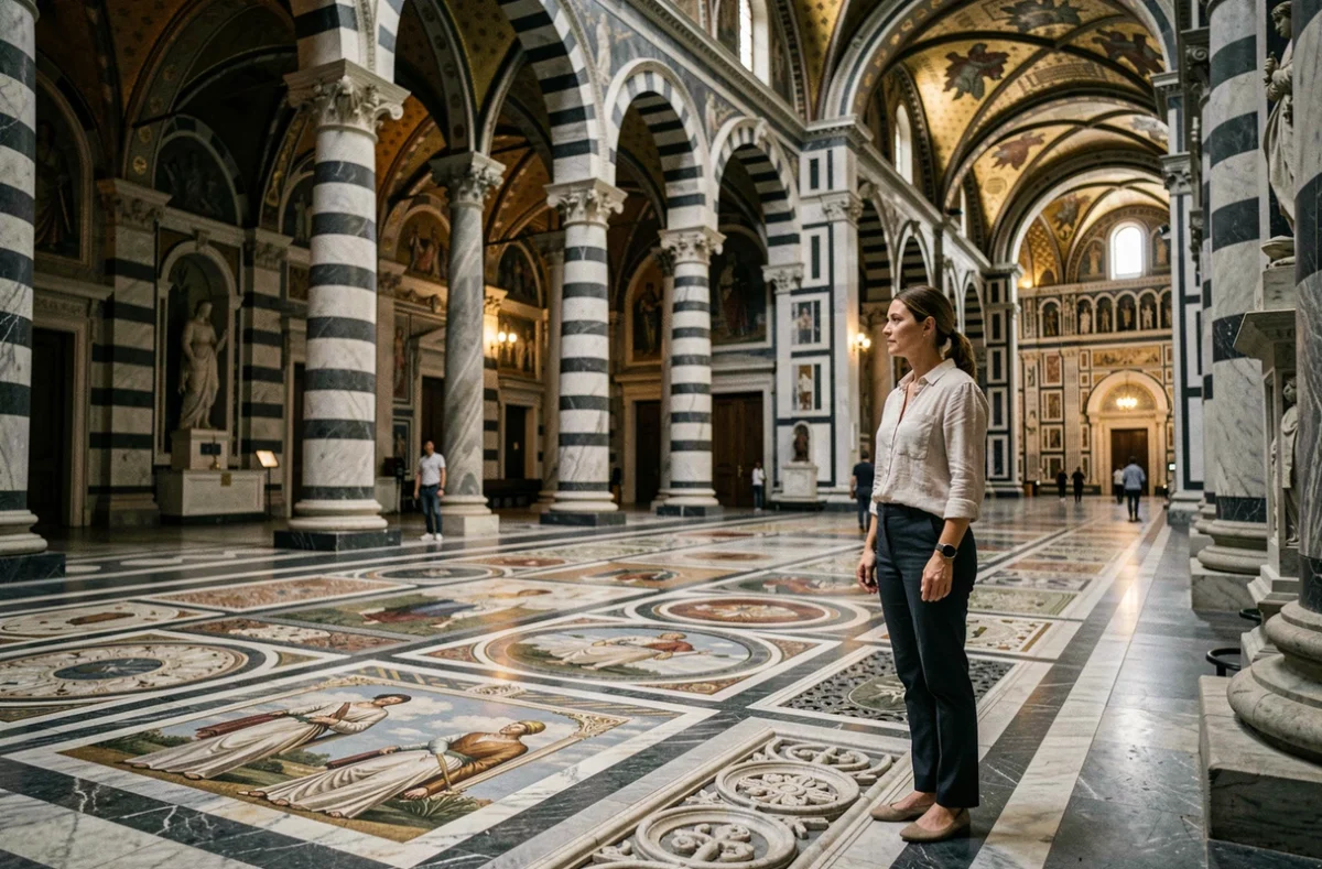 Intérieur de la cathédrale de Sienne avec son sol en marbre incrusté et ses colonnes rayées noir et blanc