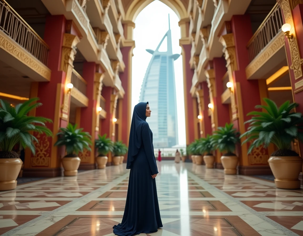 Femme en abaya admirant le hall intérieur luxueux du Burj Al Arab avec son atrium monumental et sa décoration dorée