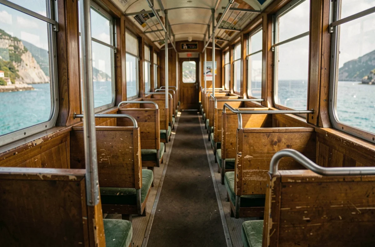 Intérieur d'une micheline corse avec sièges en bois et vue sur la mer Méditerranée