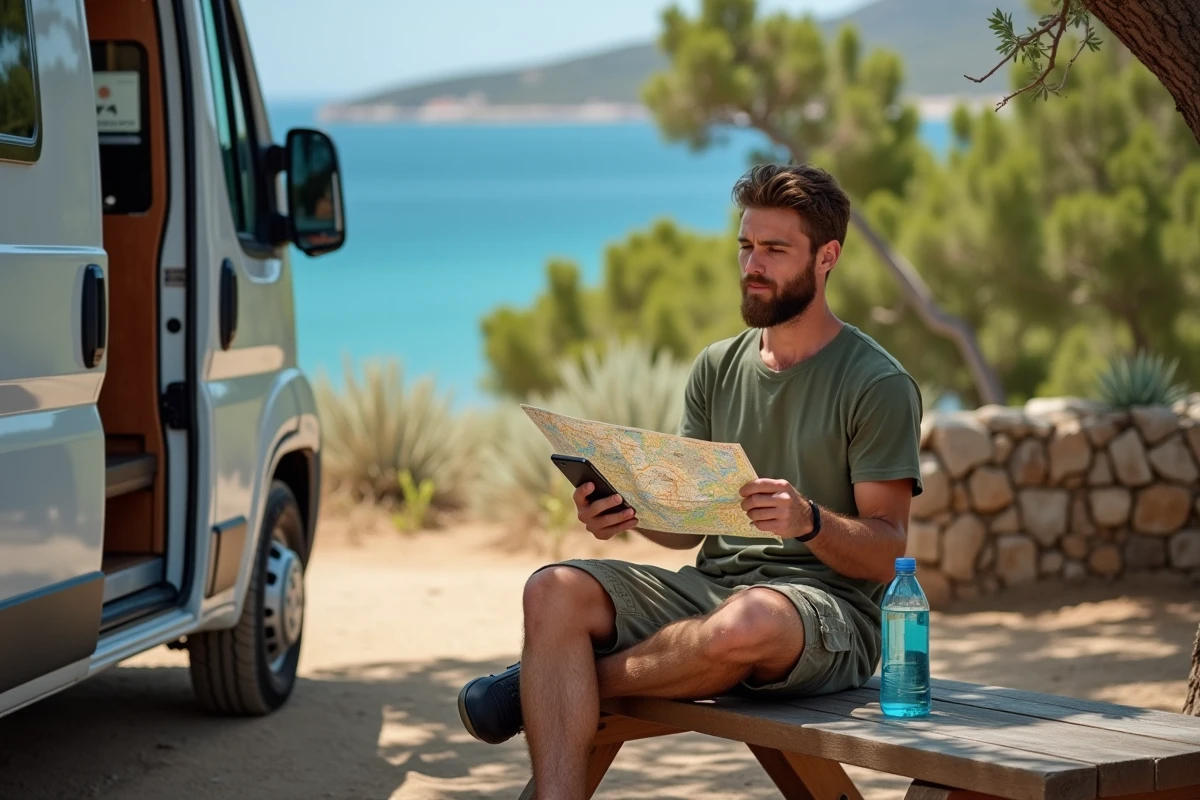 Homme planifiant son itinéraire en van avec une carte de la Corse du Nord et un smartphone près du Cap Corse