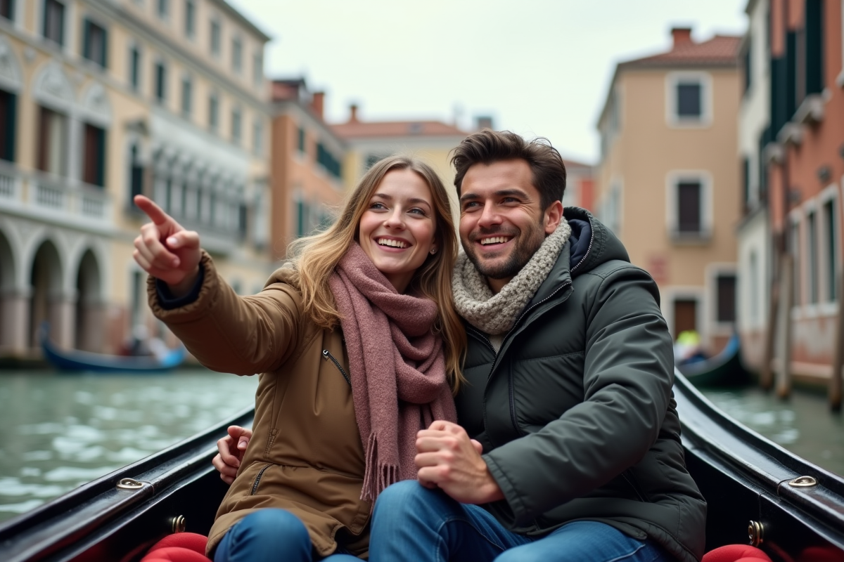 Jeune couple en gondole regardant l architecture de Venise