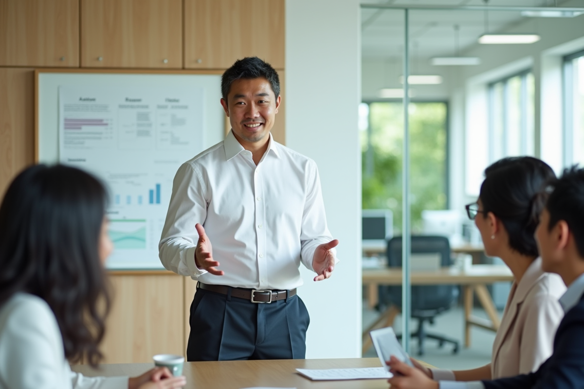 Jeune cadre japonais présentant devant son équipe
