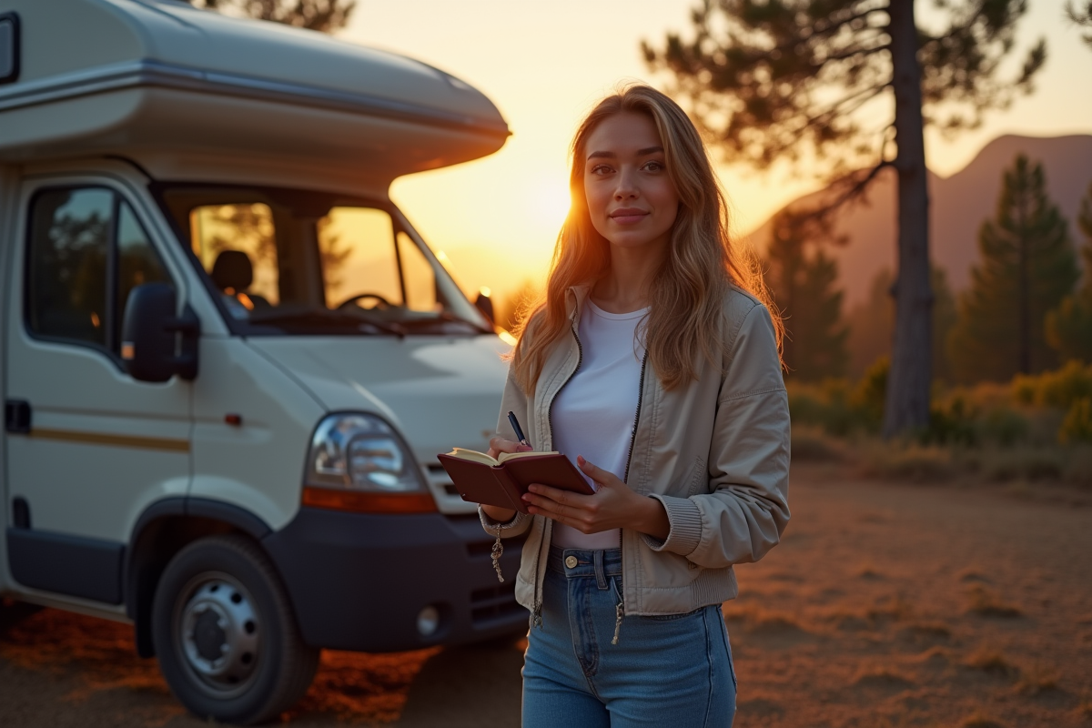 Jeune femme note près de son van au lever du soleil