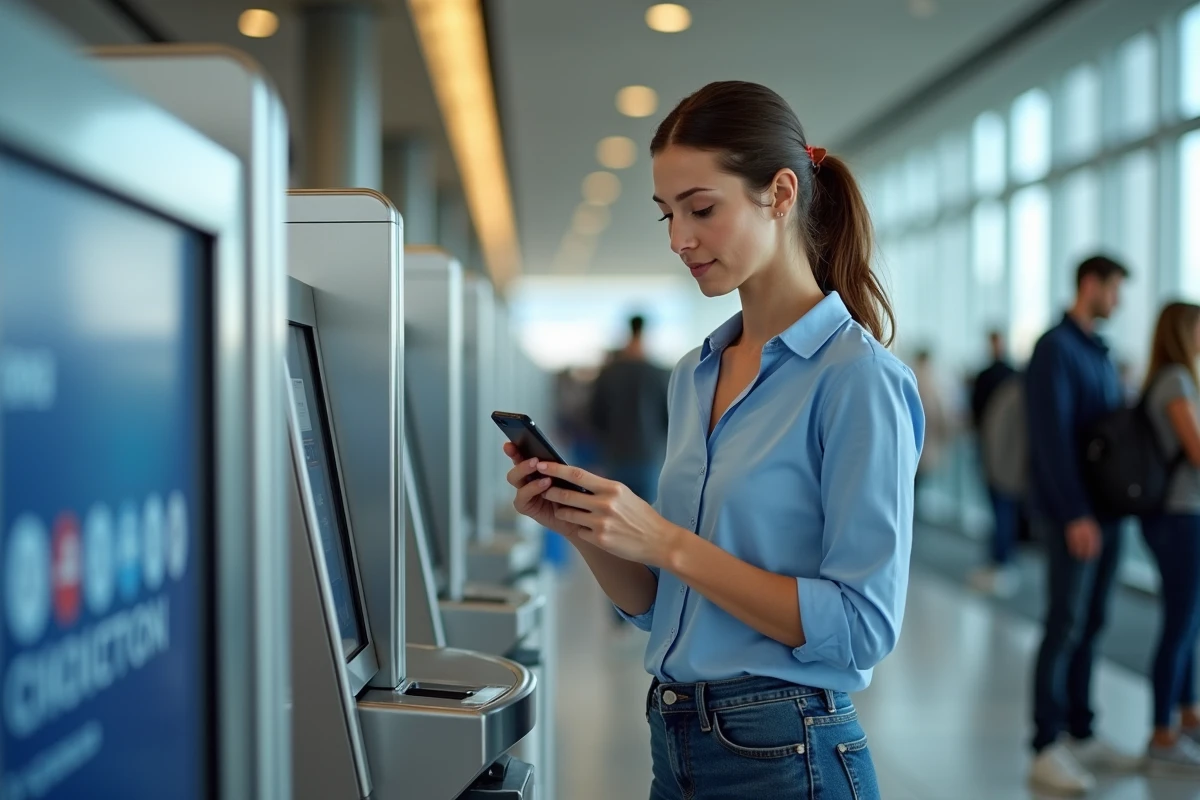 Jeune femme utilisant l'application Air France au check-in