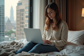 Jeune femme assise sur son lit dans une chambre d'hôtel moderne