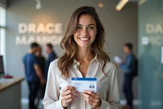 Jeune femme souriante tenant son permis de conduire français