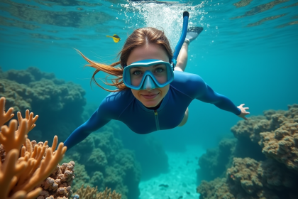 Jeune femme en combinaison de plongée flottant au-dessus du corail