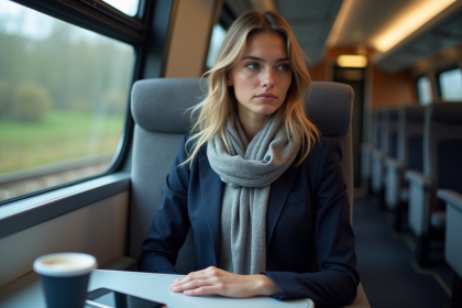 Jeune femme d'affaires dans un train Eurostar regardant par la fenêtre