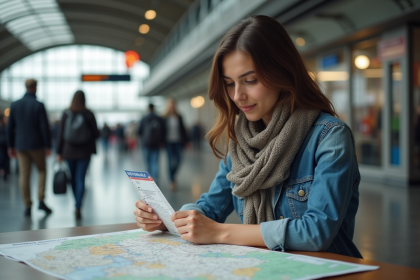 Jeune femme avec carte et billet Interrail à la gare