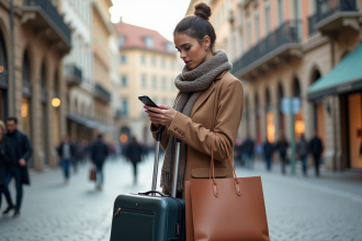 Jeune femme élégante avec valise dans une place européenne