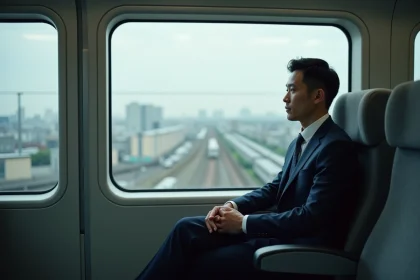 Jeune homme d'affaires japonais dans un train moderne
