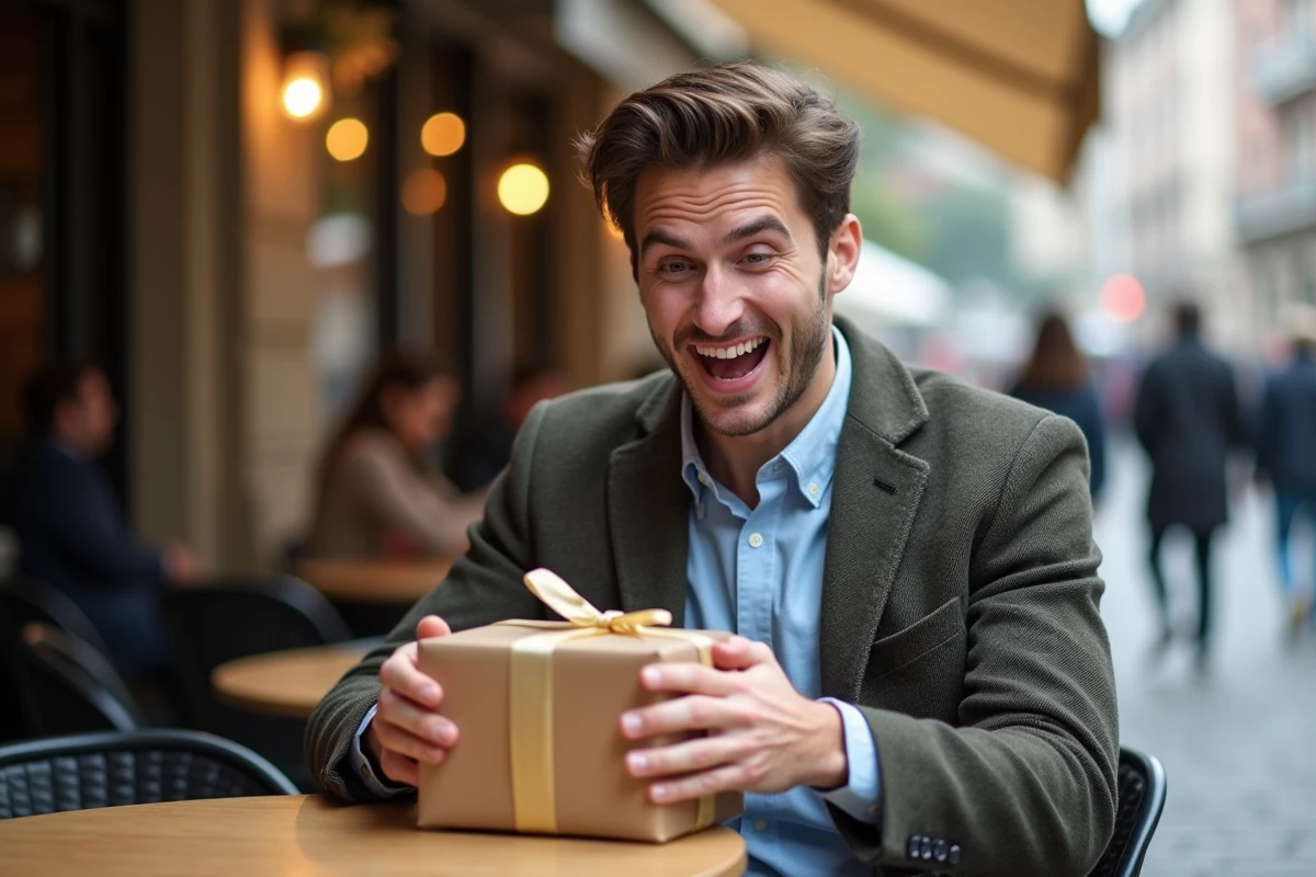Jeune homme déballant un cadeau dans un café urbain