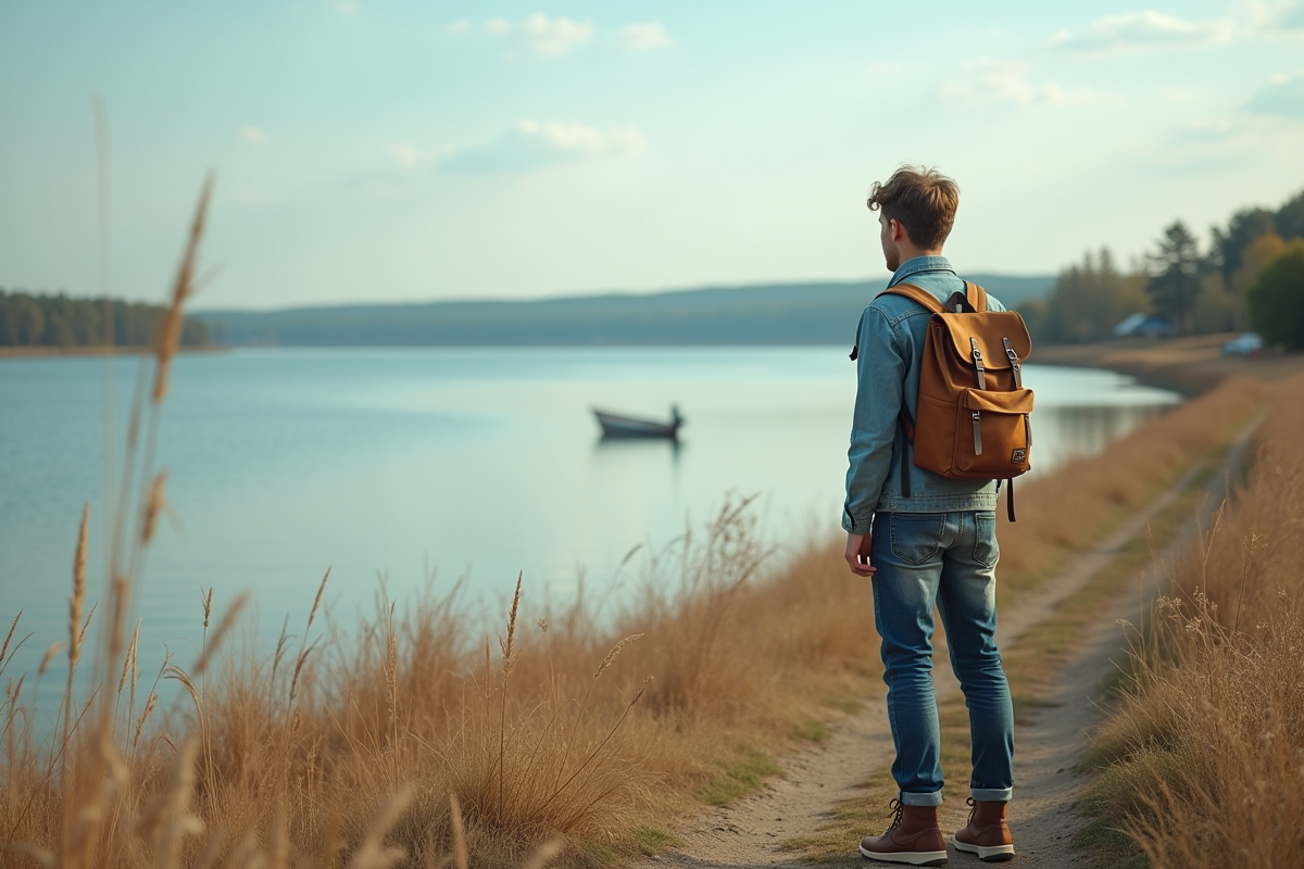 Jeune homme regardant un lac paisible en nature