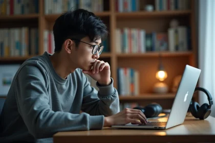 Jeune homme regardant son ordinateur portable dans sa chambre