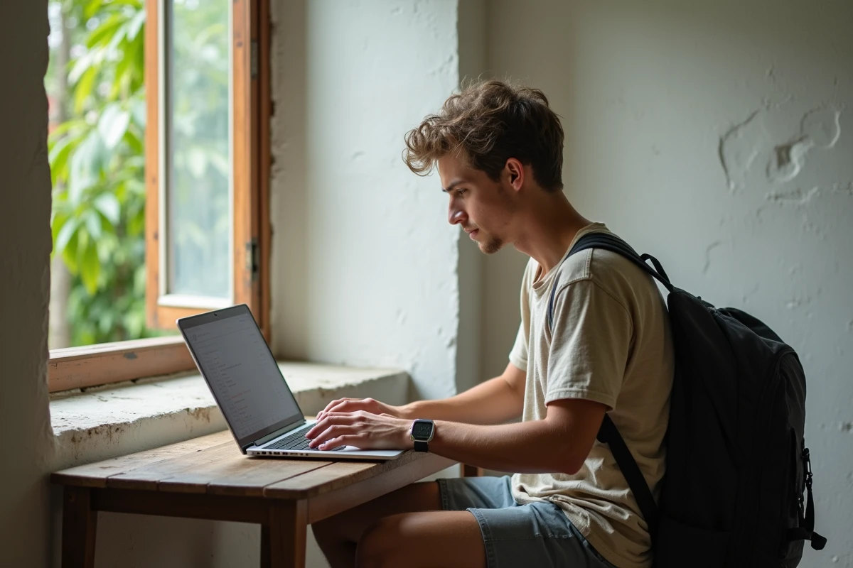 Jeune homme travaillant sur son ordinateur dans une chambre minimaliste