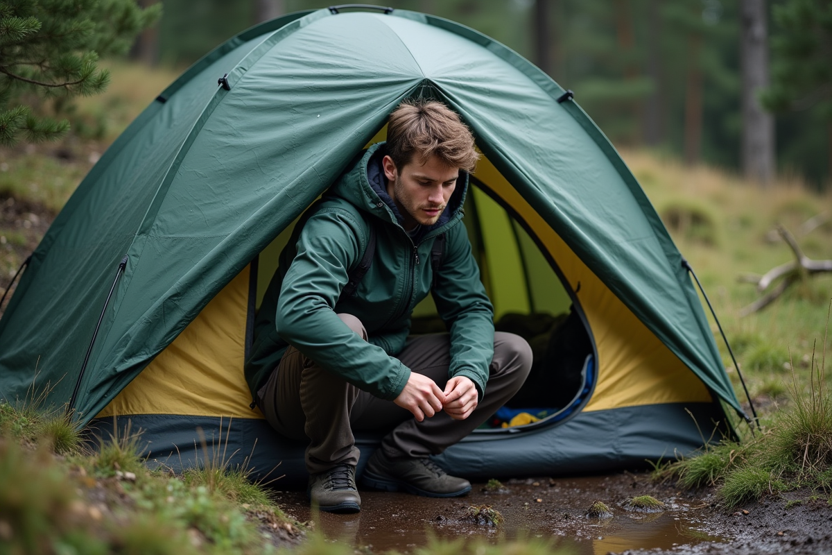 Jeune homme scellant la tente dans la nature humide