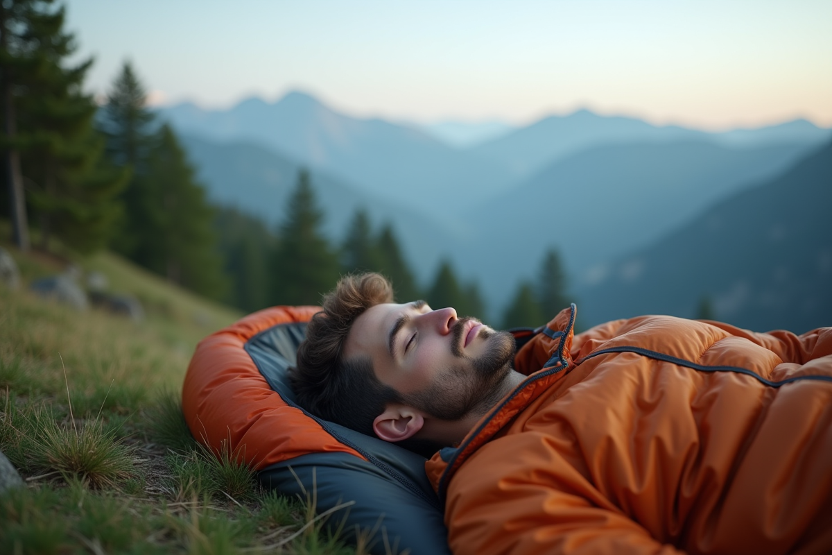 Jeune homme dormant dans un sac de couchage en pleine nature