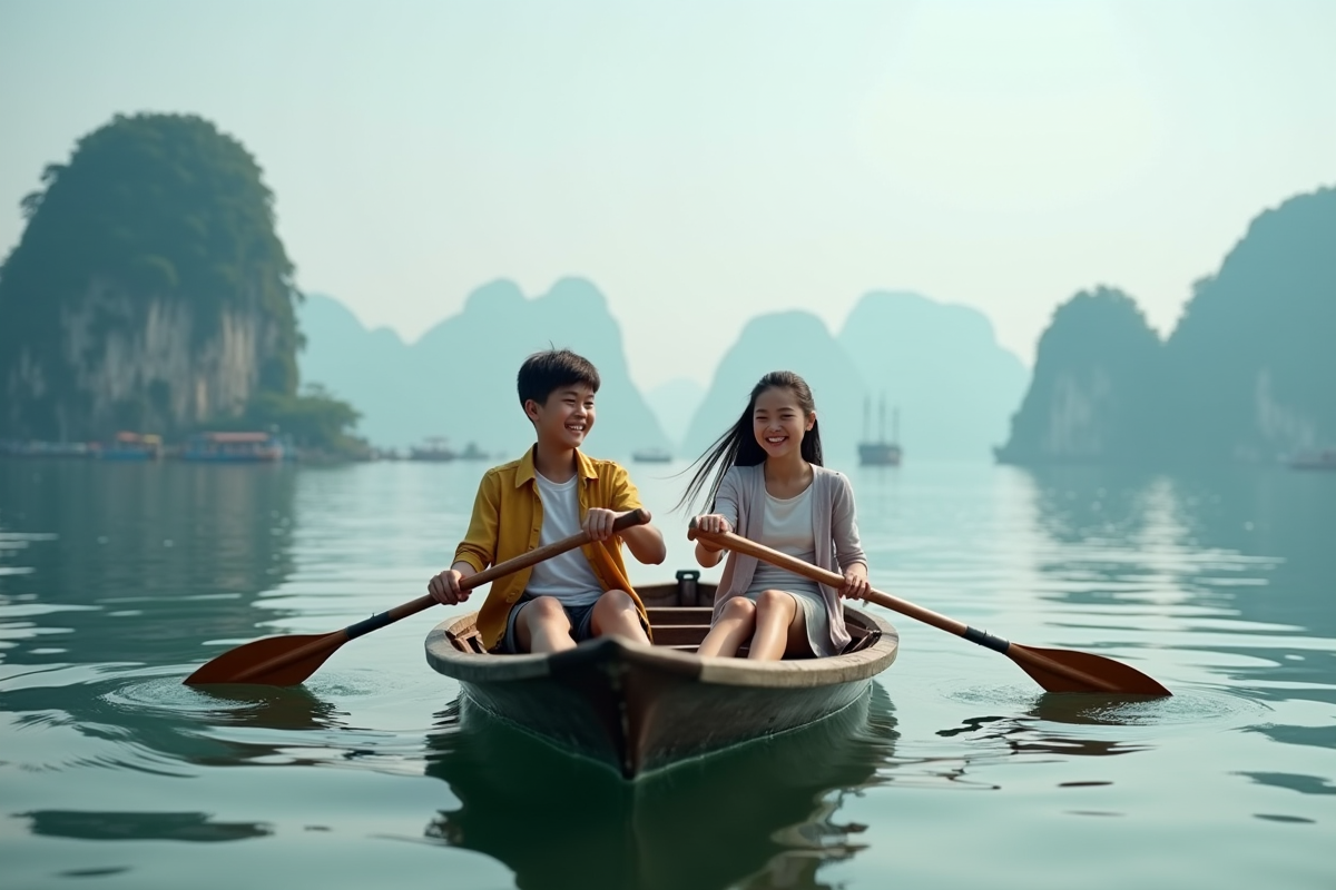 Jeunes vietnamiens paddant en bateau dans Halong Bay