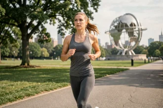 Femme qui fait du jogging sur un sentier de Corona Park Queens avec l'Unisphere visible en arrière-plan