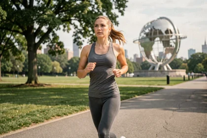 Femme qui fait du jogging sur un sentier de Corona Park Queens avec l'Unisphere visible en arrière-plan