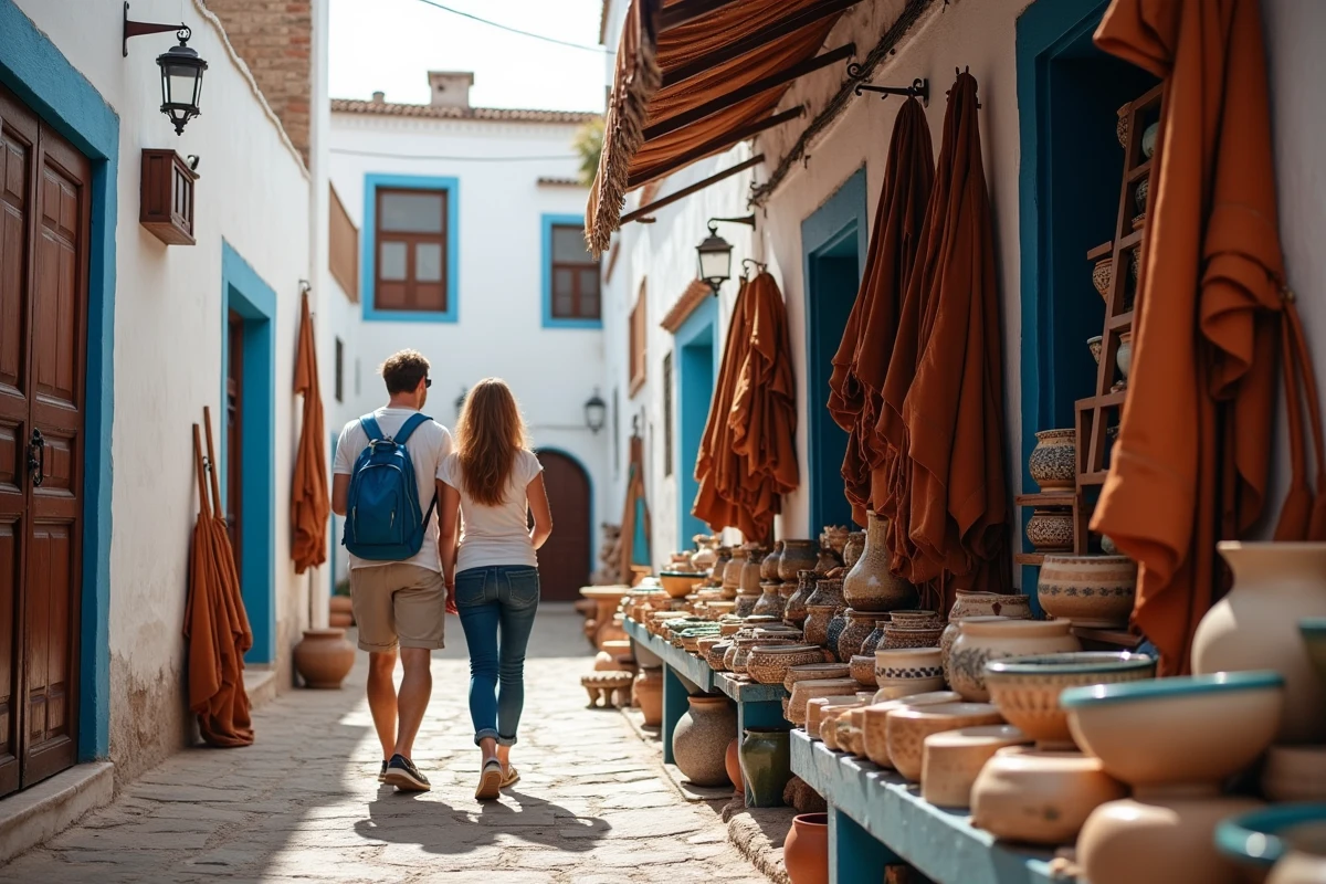 Couple de touristes explorant les ruelles de la Kasbah de Tanger lors d'une journ&eacute;e d'escale