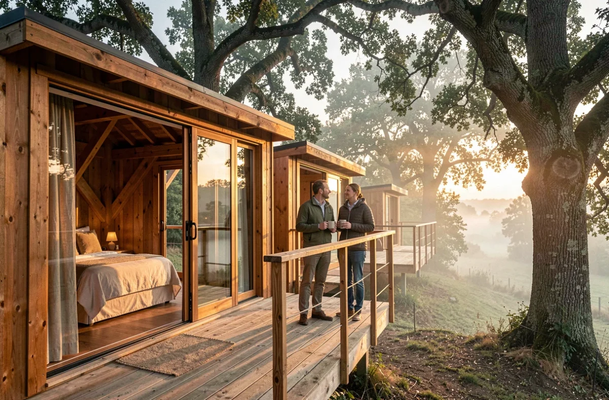 Lodge en bois surélevé de La Buissonnière Lodges avec terrasse privée et vue sur une vallée brumeuse en Indre-et-Loire