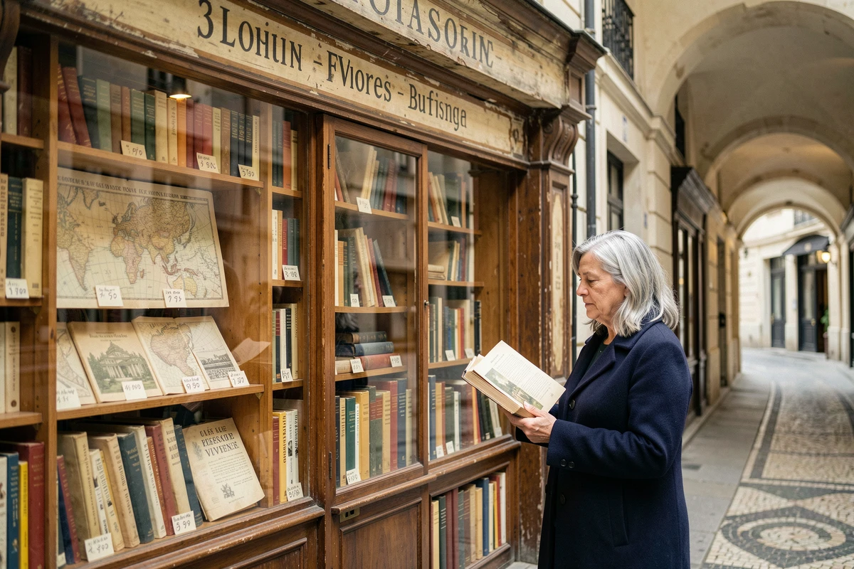 Librairie ancienne avec livres vintage et cartes anciennes dans le passage Vivienne à Paris