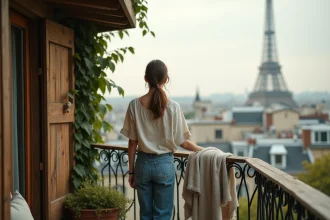 Femme profitant d'un logement insolite perché style cabane à Paris avec vue sur la Tour Eiffel